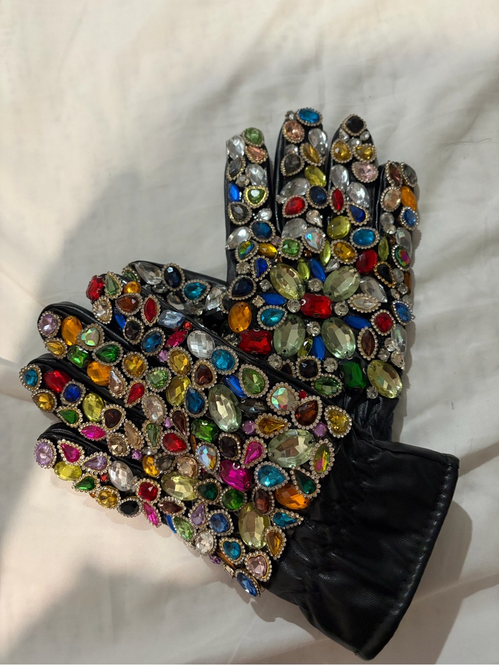 AKIRA Black Jeweled Leather Gloves with Multicolor Gems - Picture 4 of 7
